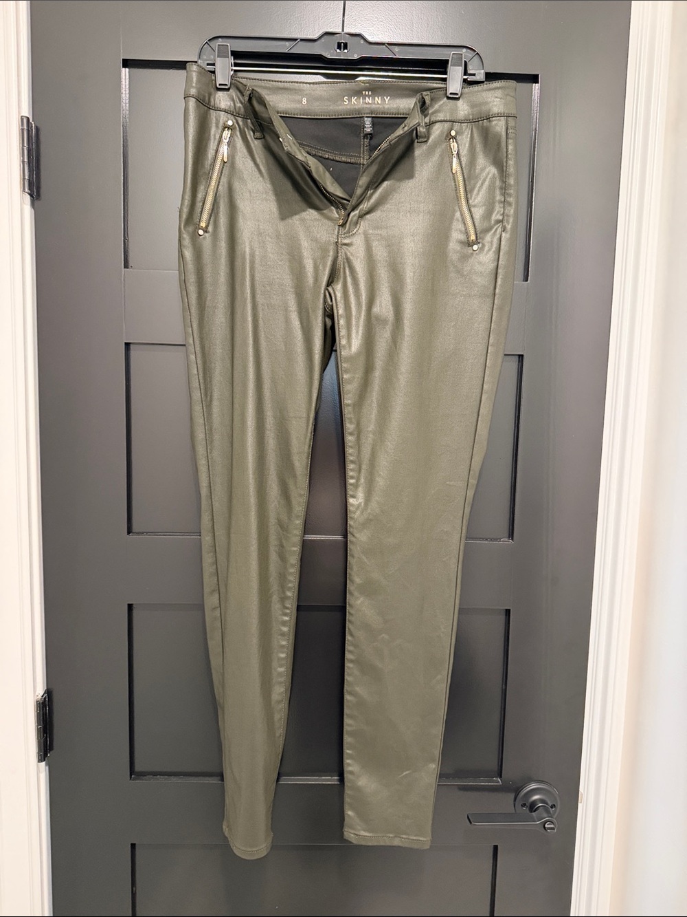 WHBM Skinny Olive Green Coated Women's Pants with Zip Pockets